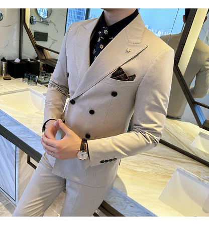 (Jackets+Pants) Luxury Double Breasted Design Slim Fit Suit High Quality Fashion Men's Wedding Social Suit Tuxedo 2 Piece Set
