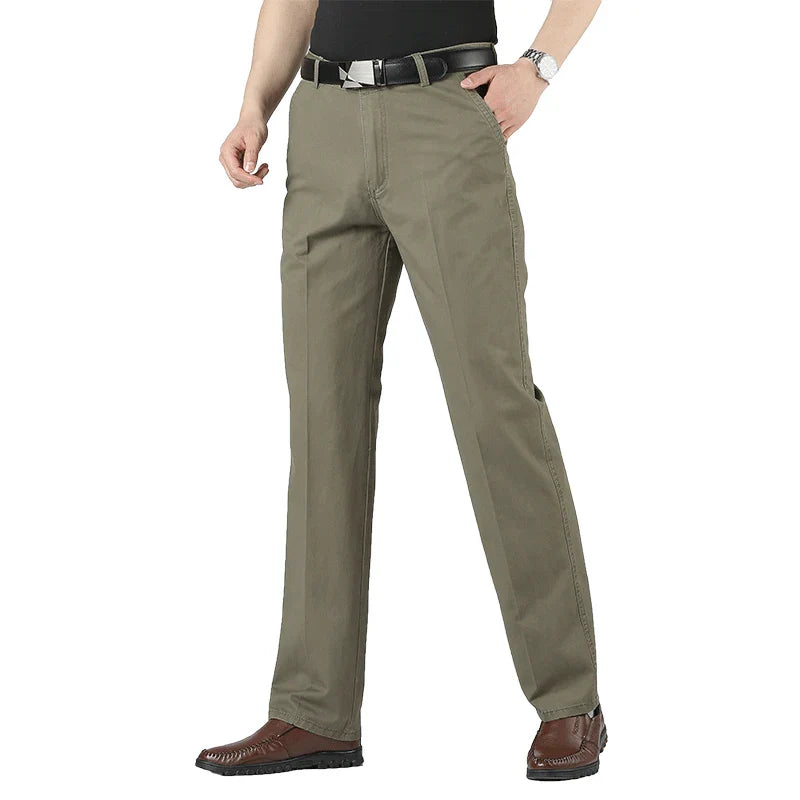 Cotton Pants Men's Straight Leisure Business Trousers Solid Autumn Winter Chinos Belted Pants Dad Elderly Formal Trousers