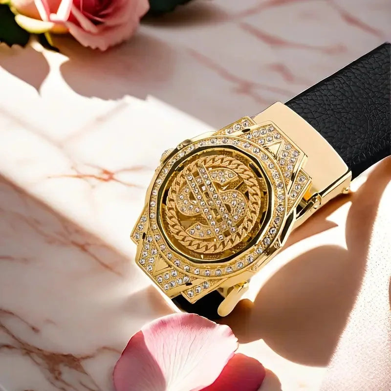 New Luxury Golden Watch Buckle Brown PU Leather Men Belt for Men Personality Designer Automatic Buckle Male Mens Belt