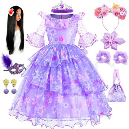 Encanto Isabela Costume Dress For Kids Girl Flare Sleeve Princess Dress Fiower Gown Halloween Christmas Birthday Party Outfits