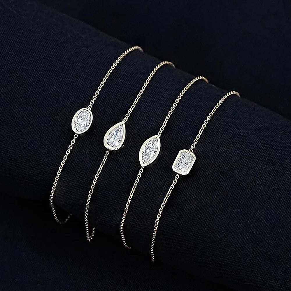 1/2Carat Bezel Set Solitaire Moissanite Diamond Bracelet for Women 925 Silver Marquise/Pear/Oval/Radiant Cut Diamond Hand Chain