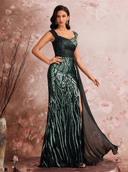 Elegant Splice Sequins Slit Evening Dresses Women Sleeveless Mermaid Formal Luxury Party Streamer Cocktail Gowns