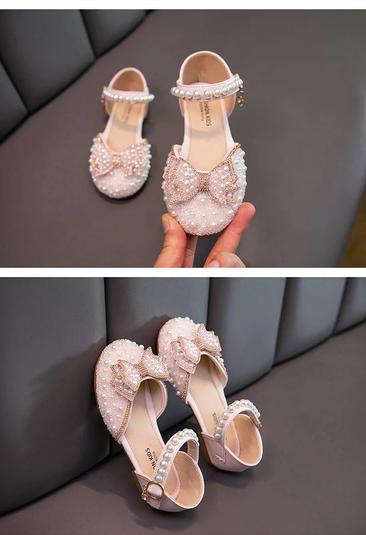 2026 Spring New Girl Sandals Cute Bow Pearl Sequins Kid Princess Shoes Flat Heels children Dancing 21-34