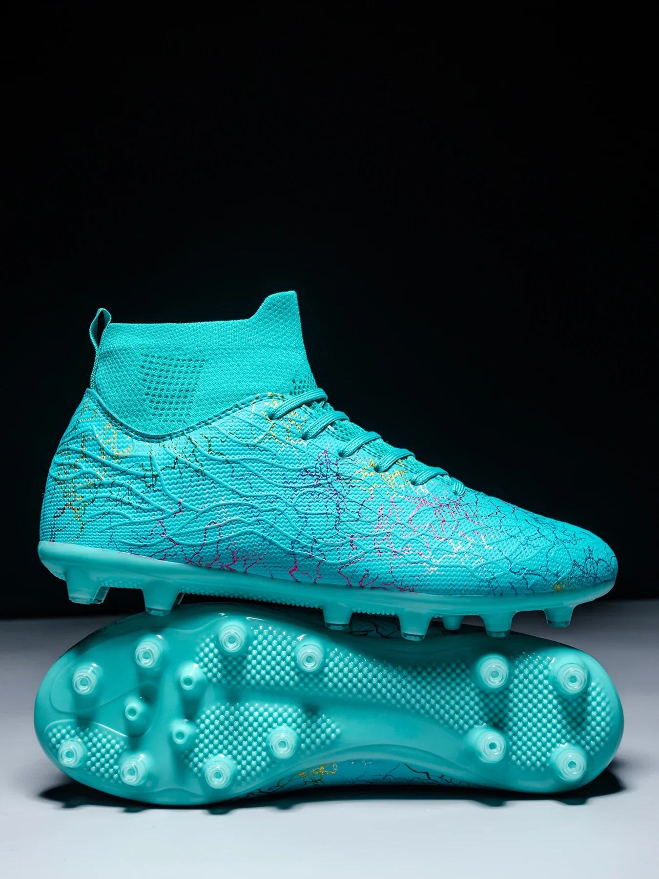 High quality, high-top football shoes, unisex style, comfortable, breathable, available in TF and FG options.  Sole spikes
