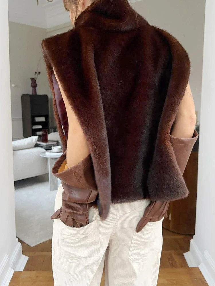 Autumn New Style Tank Tops Woman Furry Patchwork Turtleneck Daily Street Casual Simple Fashion Solid Elegant Clothing