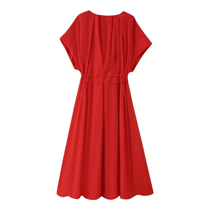 Spring Summer Vintage Women Dress Fashion Single Breasted Sashes Draped V Neck Sleeveless Chic Brown Ladies Dresses