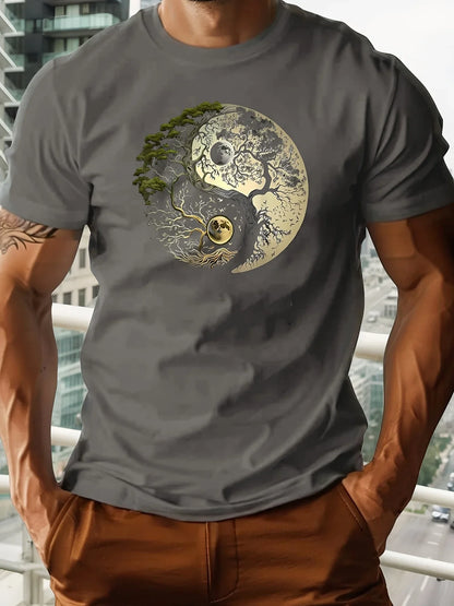 Men's summer 100% pure cotton fashionable casual loose sports yin-yang tree pattern print round neck short sleeved T-shirt top