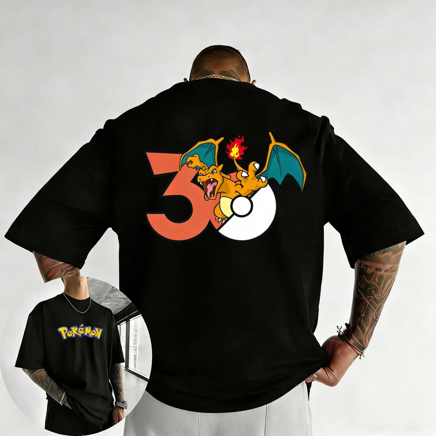 30th Anniversary Charizard Printed T-shirt Summer Men's and Women's Loose Casual Hip Hop Trendy Short Sleeve Top