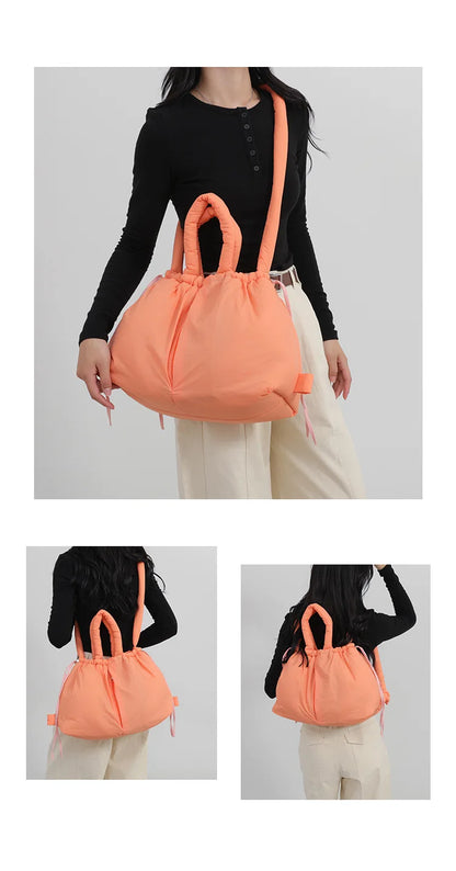 Casual nylon padded tote bag designer soft puffer women shoulder crossbody bags Simple Vintage large capacity handbags 2026