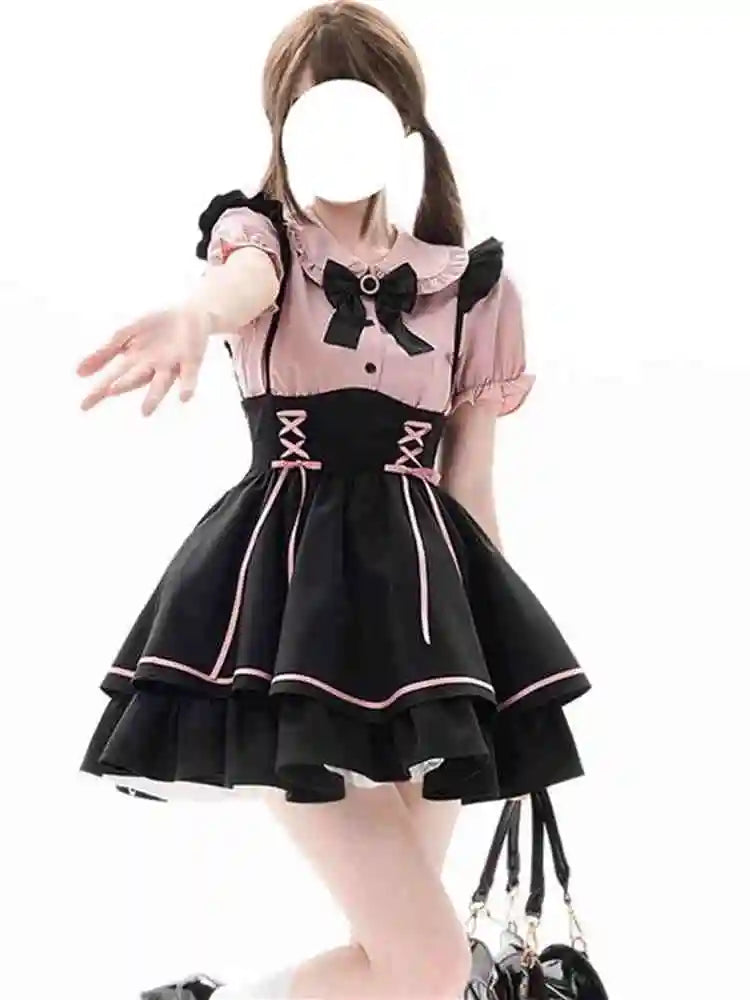 Cute Sweet Lolita Dr Set Women's School Sle Princ Skirt Blouse Two-Piece Set High Waist A-Line ort Sve Doll Collar