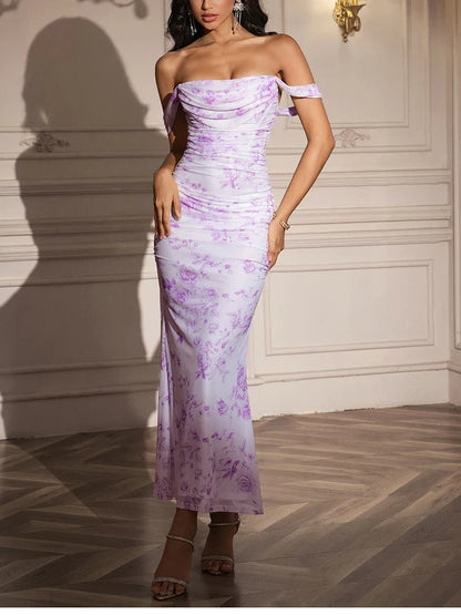 Women's Off Shoulder Ruched Mesh Long Corset Dress Backless Fishbone Bodycon Elegant Fashion Party Club Maxi Dresses