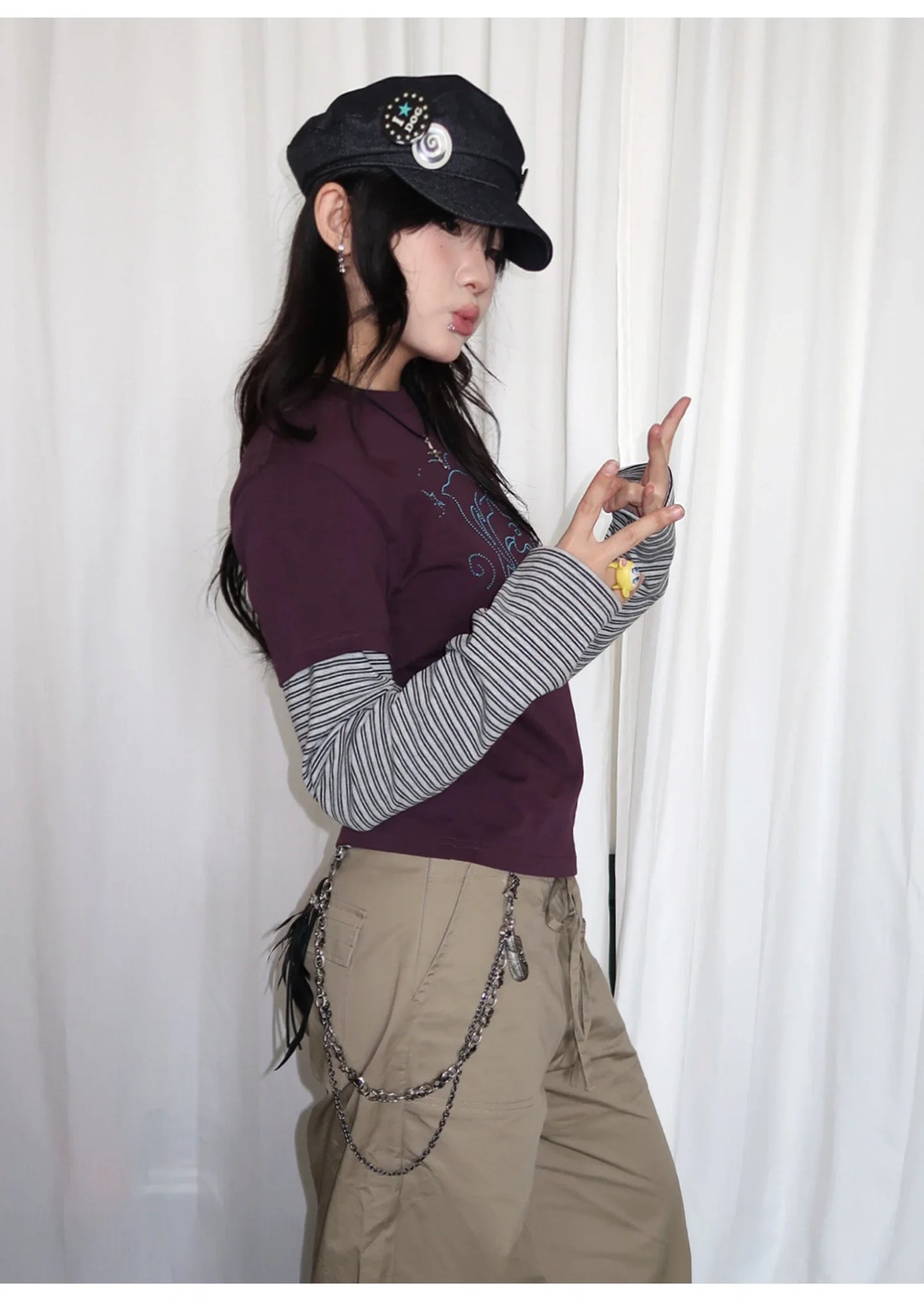 Y2k Vintage T-shirt Women Long Sleeve Patchwork Japanese 2000s Grunge Tops Streetwear American Retro Print Graphic Tops