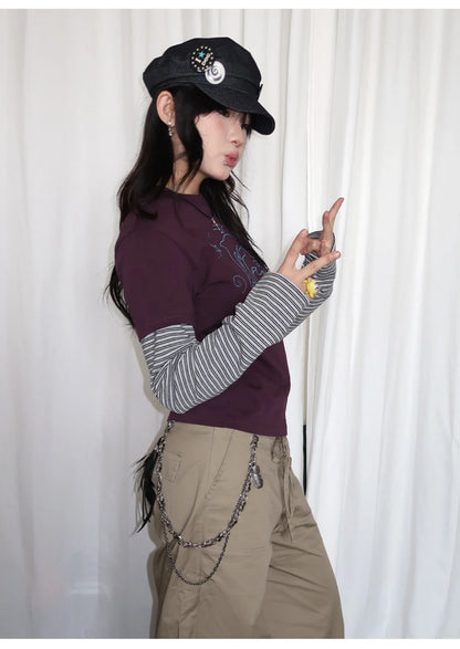 Y2k Vintage T-shirt Women Long Sleeve Patchwork Japanese 2000s Grunge Tops Streetwear American Retro Print Graphic Tops