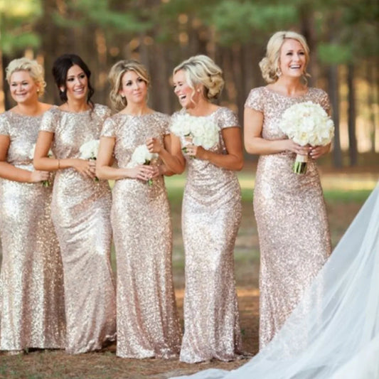 Champagne Sequins Bridesmaid Dresses Mermaid Rose Gold Short Sleeves O Neck Burgundy Summer Formal Wedding Party Guest Gown