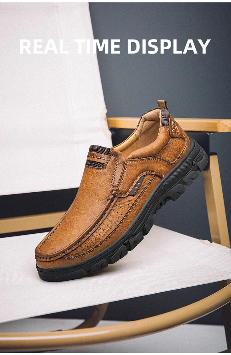 Men's Casual Loafers Handmade Breathable Leather Shoes with Thick Rubber Sole Comfortable Footwear Classic Hand Sewn Seams