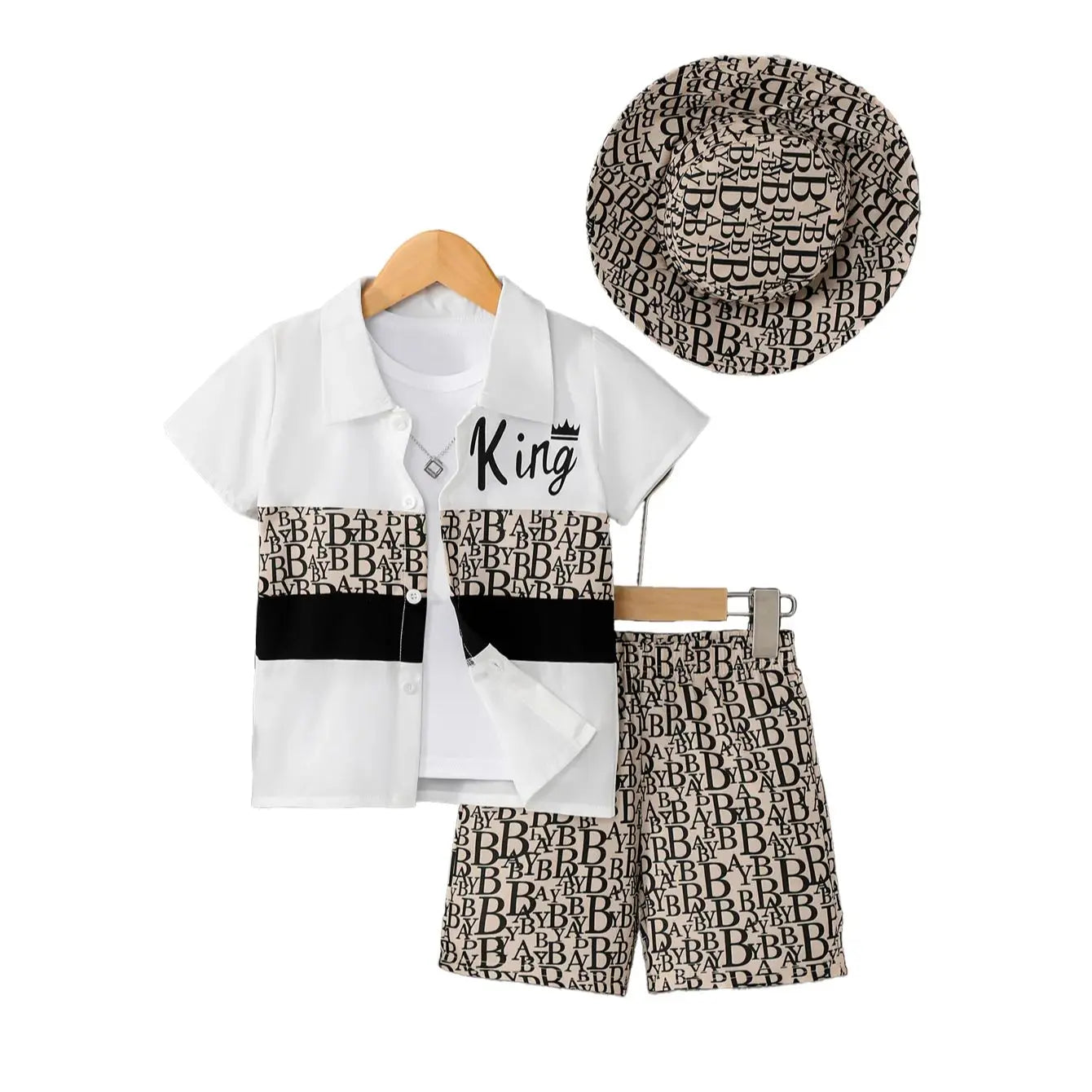 Boys Vacation King Print 3Pcs Set, Short Sleeve Shirt + Shorts + Bucket Hat, Summer Wear for Kids 3-12Y