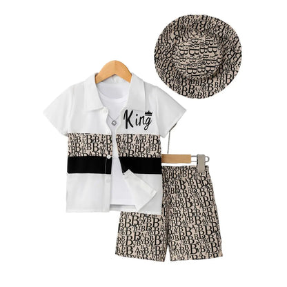 Boys Vacation King Print 3Pcs Set, Short Sleeve Shirt + Shorts + Bucket Hat, Summer Wear for Kids 3-12Y