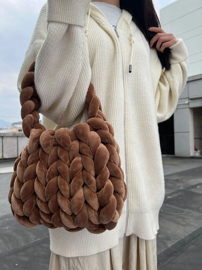 Velvet Bag DIY Hand Woven Bag Crystal Velvet Core Spun Yarn Woven Bag Hand-held Mailman Bag Velvet Handbag New