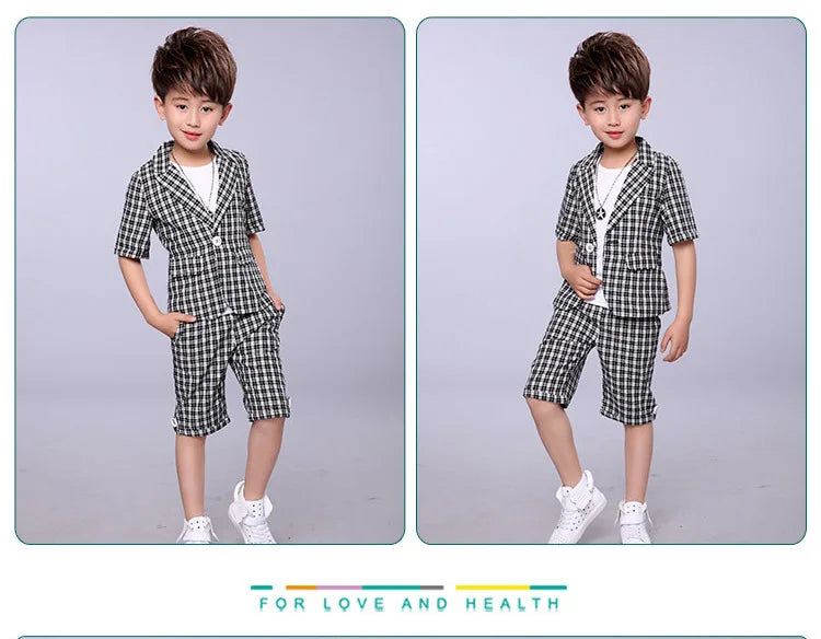 2022 Children Summer Formal Suit Boys Blazer+Shorts 2Pcs Photograph Set Kids Plaid Wedding Performance Dress Ceremony Costume