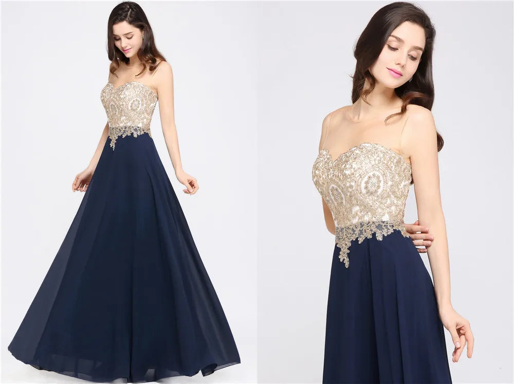 Long Lace Chiffon Evening Dresses Backless Women A-line Sweetheart Beaded Elegant Formal Prom Wedding Party Gown Robes De Soirée