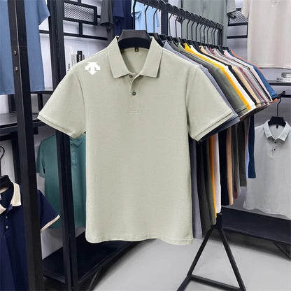 100% men's summer luxury brand polo shirt lapel geometric printing short sleeves t-shirt outdoor leisure men clothing tops