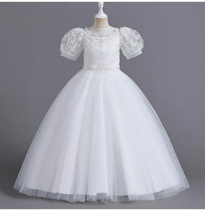 8901 Vestido Infantil para Meninas de 4 a 12 anos Princesa Lantejoulas Manga Bufante Longo Tule Florista Casamento Verão Pequeno