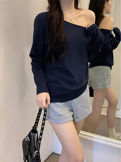 Off the shoulder Long sleeve T shirt Women Spring Autumn Loose Sexy One Shoulder Top Lady Casual Basic Tees School Preppy Blouse
