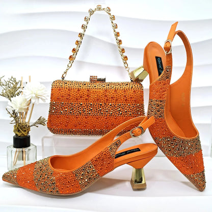 Fashion Nigerian Women Heel Party Ladies Italian Design Green Shoes And Bag Set Decorated with Rhinestone Handbag Wedding Party
