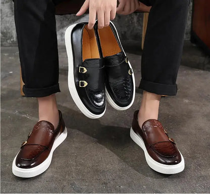 Fashion Men's Casual Shoes Snakeskin Grain Leather Men Retro British Style Loafers Monk Shoes Mens Slip-on Outdoor Driving Flats
