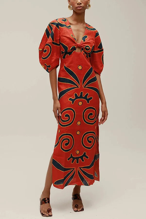Women Linen Material Long Dresses Fashion Chic Print Sexy V-neck Hollow Out High Waist Party Dress Lady robes