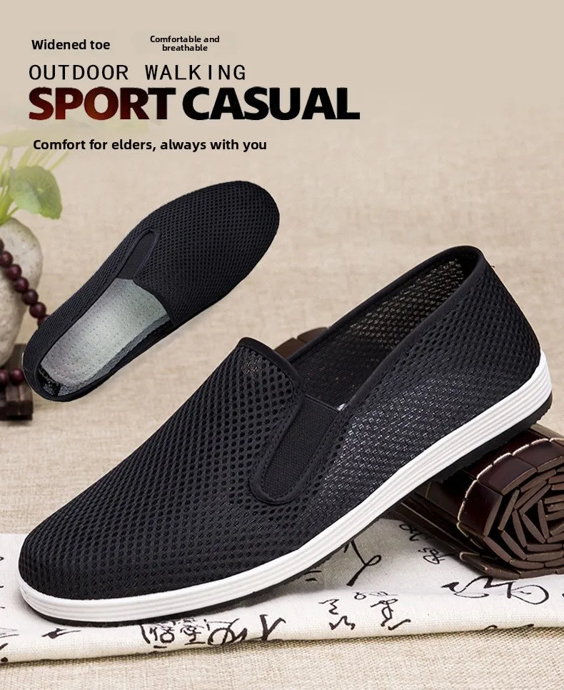 Men's Summer Soft Bottom Driving Shoes Breathable Mesh Slip-On Shoes Wear-Resistant Casual Old Beijing Style Rubber Sole