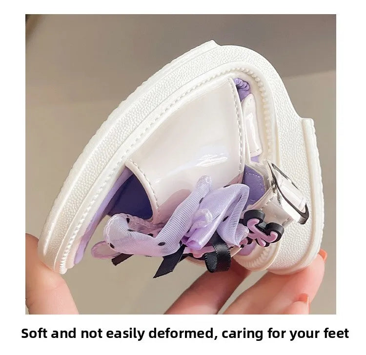 Kids'Sandals Kuromi PU Leather Bow Flat Spring Shoes For Girls Anti-slip Soft Thick Bottom White Black Shoes Size 25-36