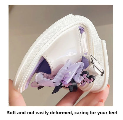 Kids'Sandals Kuromi PU Leather Bow Flat Spring Shoes For Girls Anti-slip Soft Thick Bottom White Black Shoes Size 25-36