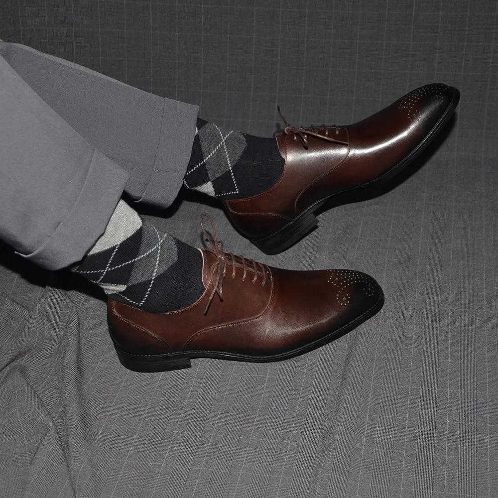 Italian Classy Men's Oxford Dress Shoes Genuine Cow Leather Lace-up Brogue Brown Black Business Office Wedding Formal Shoes Man