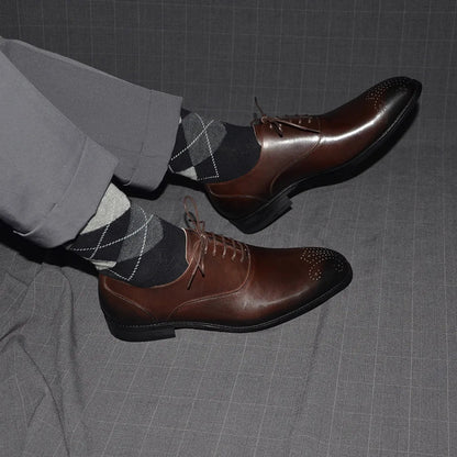 Italian Classy Men's Oxford Dress Shoes Genuine Cow Leather Lace-up Brogue Brown Black Business Office Wedding Formal Shoes Man