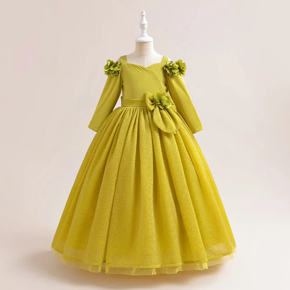 Summer Flower Wedding Girls Party Dress Long Sleeve Baptism Bridesmaids Princess Dresses Girl Gala Bow Birthday Evening Costumes