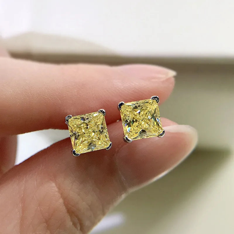 6x6mm Yellow Pink High Carbon Diamond Gemstone Earrings for Women 100% 925 Sterling Silver Classic Fine Jewelry Wholesale