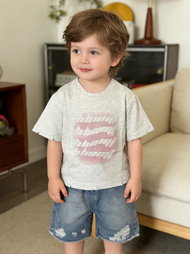 Toddler Boys 2Pcs Summer Outfits Letter Print Short Sleeve T-Shirt Ripped Denim Shorts Set Kids Boys Casual Daily Clothes 2-6Y