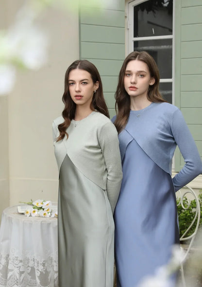 spring summer elegance satin dress + knitted top match set maxi floor length woman clothes