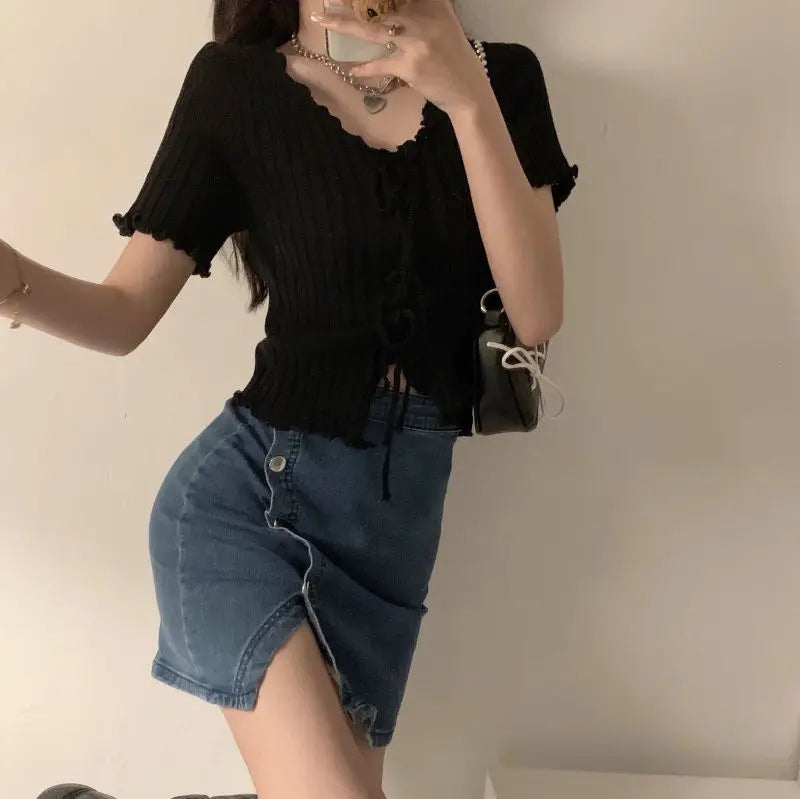 TShirt For Women V-neck Summer Simple Versatile Casual Crop Tops Bandage Ribbed Short Sleeve Women's Top T-Shirt Girl