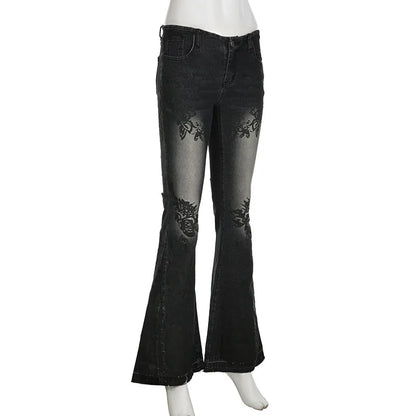 Women's Jeans  New American Retro Street Style Plant Print Washed Vintage Low-Rise Flare Pants Trendy Versatile