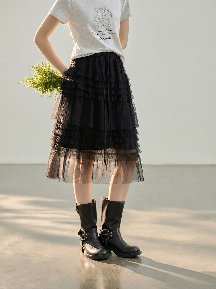 Korean Style Lace Elastic Waist Cake Skirt Mesh Puffy Skirt Women's Dress Knee Length Casual A-Line Skirt Micro Stretch No Slit