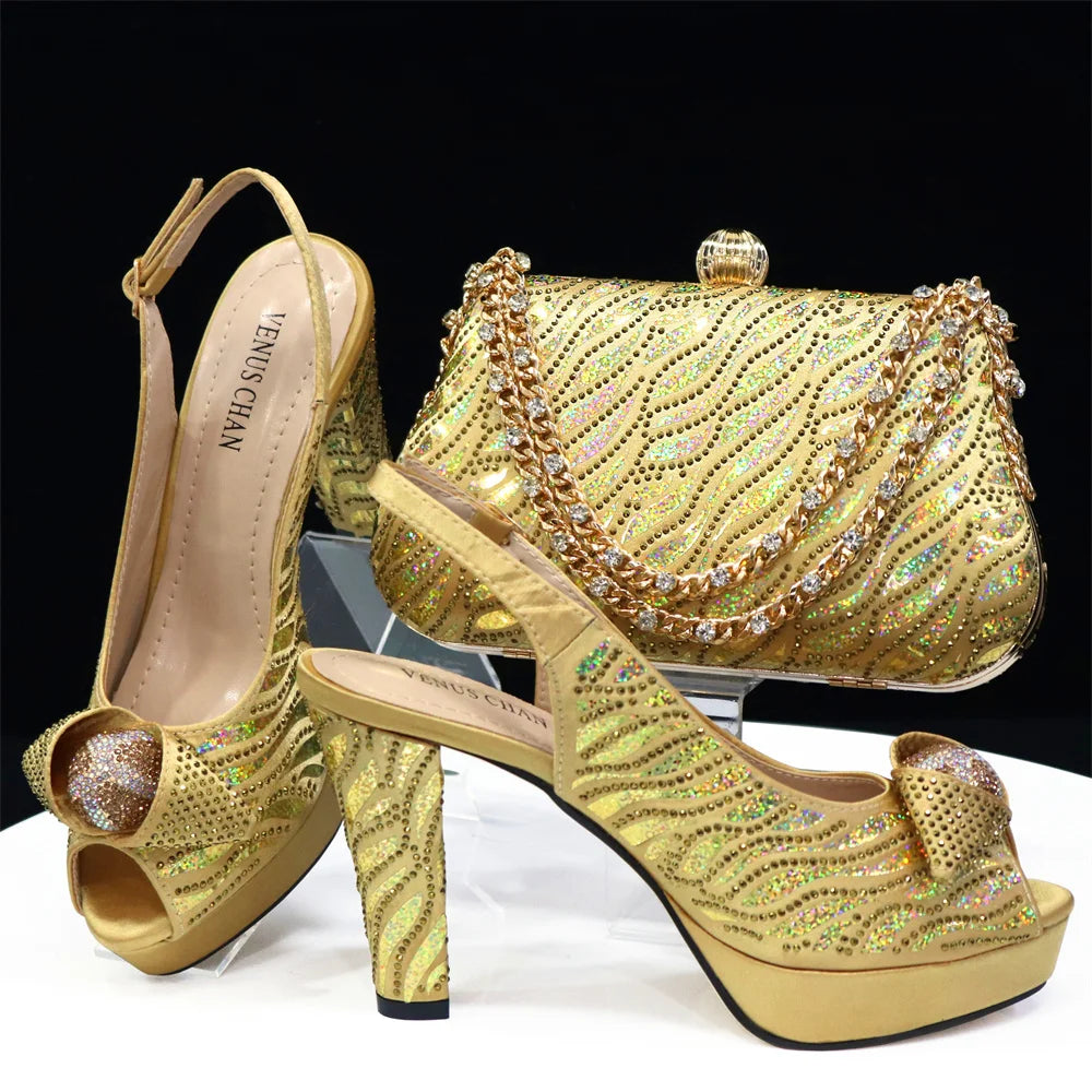Elegant Fashion Peep Toe High Heels Laser-striped Sequin Rhinestone Women's Party Shoes and Bags 2026 Italian Design