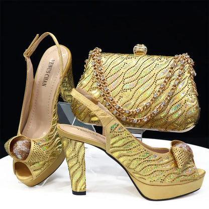 Elegant Fashion Peep Toe High Heels Laser-striped Sequin Rhinestone Women's Party Shoes and Bags 2026 Italian Design
