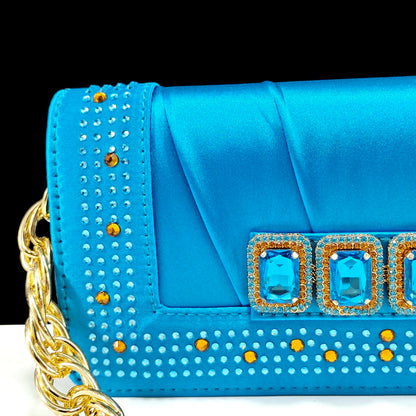 Summer New Design Specials Italian Women Shoes and Bag Set Sky Blue Color Comfortable Low Heels With Rhinestone