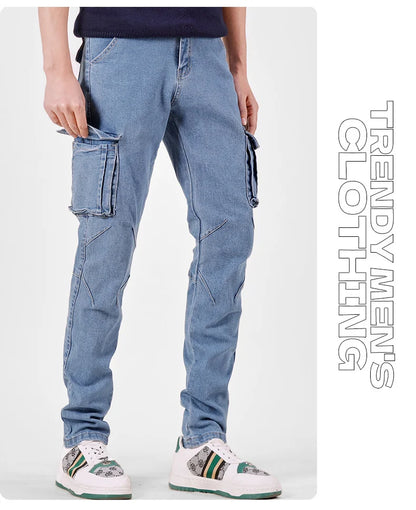 Men's Street Style Elastic Waist Denim Cargo Pants Solid Color Washed Slim Fit Casual Jeans with Multiple Pockets for Daily Wear