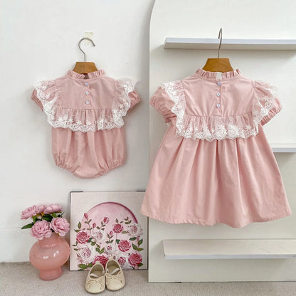 2026 New Summer Sister Clothing Short Sleeved Cotton Embroidery Kids Princess Dress 2-6Y Baby Girl Birthday Party Lace Dress