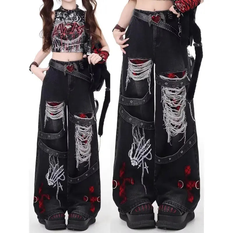 American style spicy girl loose lazy and relaxed denim pants female punk retro washed fashionable versatile casual pants