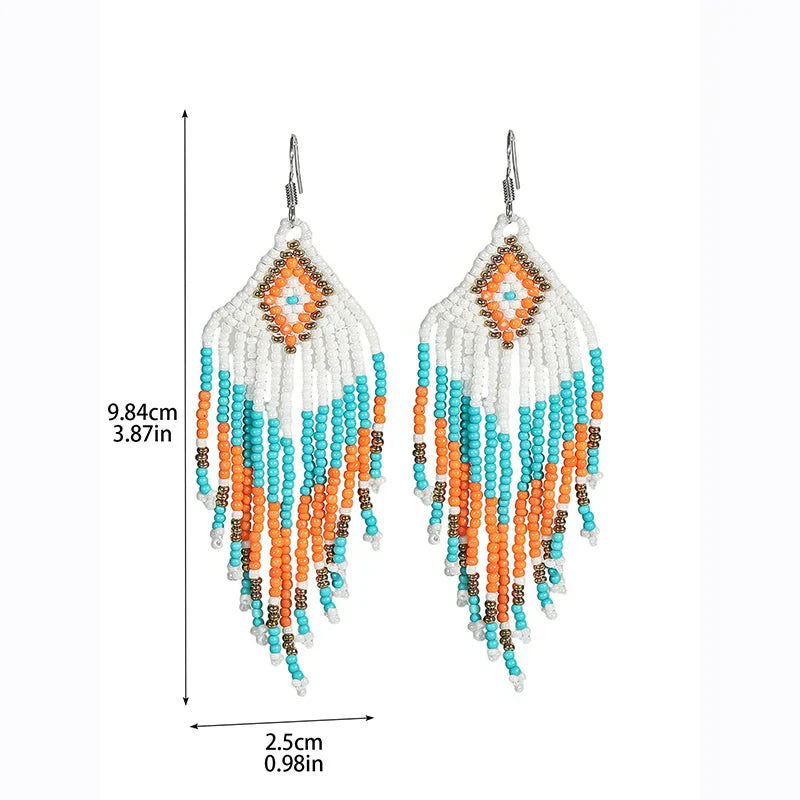 White Rice Beads Earrings For Women Retro Boho Tassels Water Drop Earrings Exaggerated Ethnic Style Earrings Jewelry