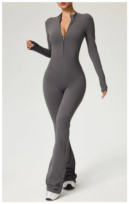 Zipper Jumpsuit Flared Pants Women Clothing Sportswear Gym Yoga Sport Sets Spandex Nylon Workout Sets Women Tracksuit